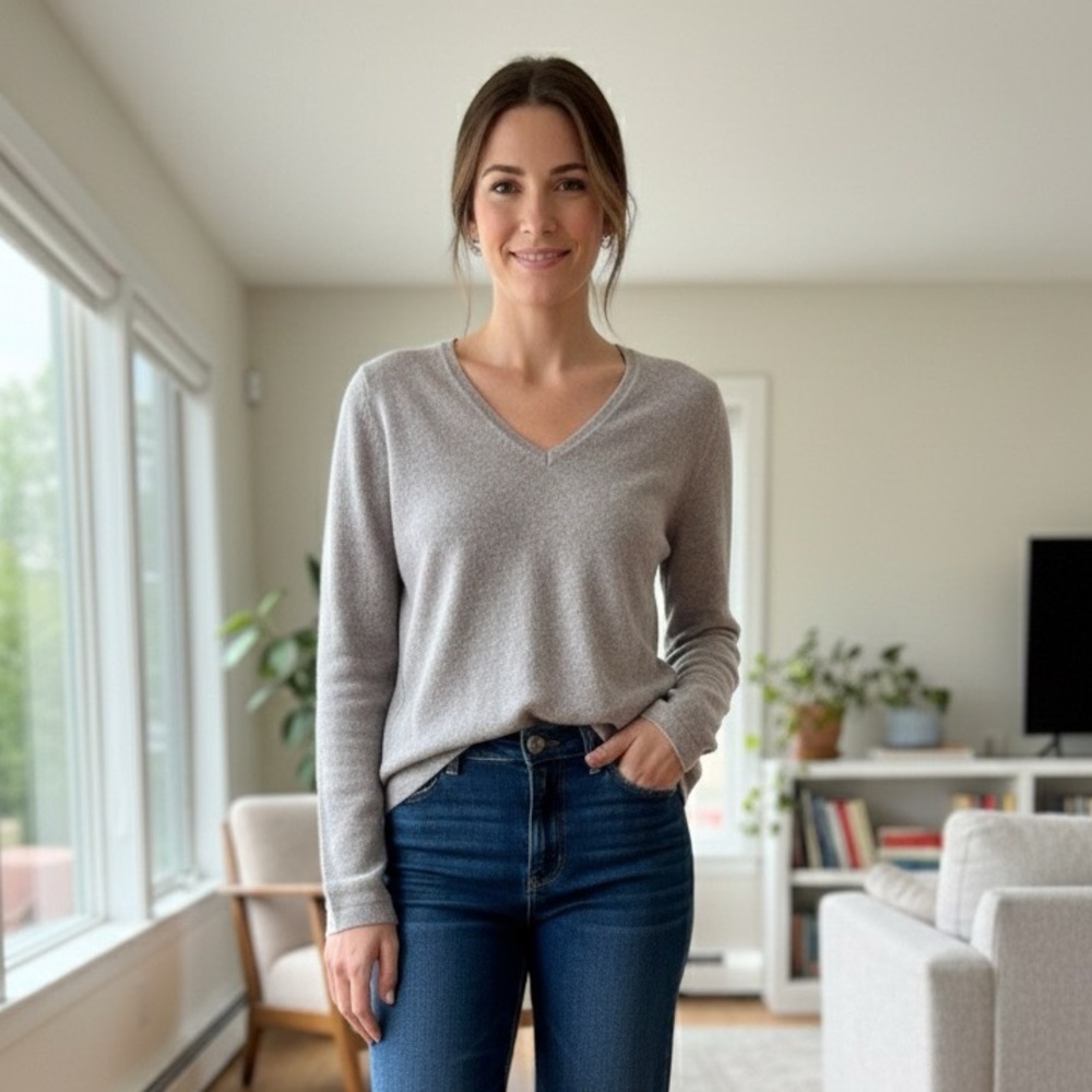 Celeste Cashmere V-Neck Oatmeal color Sweater , size Small